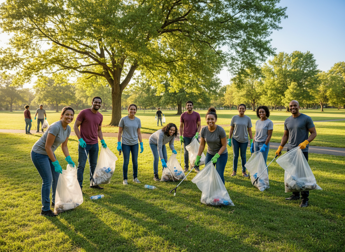 People volunteering together to clean a public park.