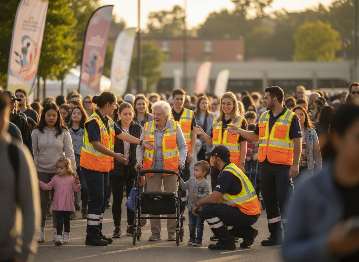 Safety ambassadors helping people in a community crowd