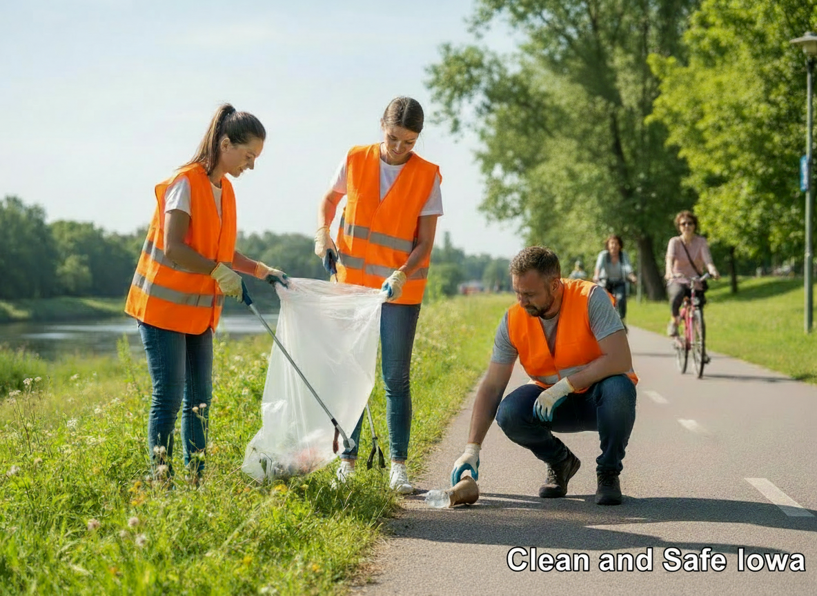 Keep the existing realistic photo of exactly three people in safety vests picking up trash along a bike path. Remove the larger prominent “Clean and Safe Iowa” text from the image, while preserving the smaller “Clean and Safe Iowa” text in the lower-right corner. Do not add any other text or logos.